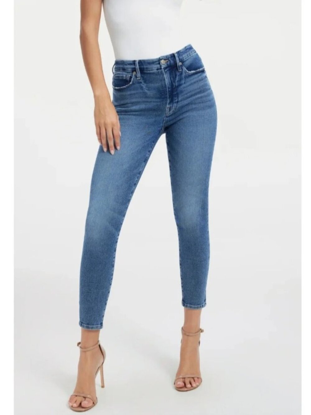 Good American Womens High-Rise Skinny Good Waist Crop Jeans Frayed Hem Blue 6/28